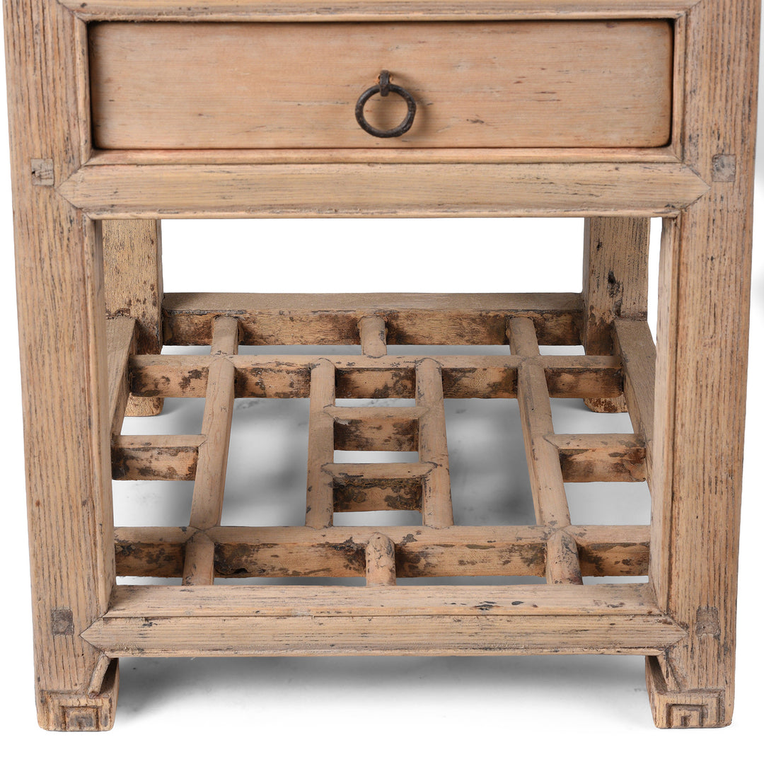 Base Detail From Antique Pine Flower Stand From Tianjin With Drawer And Lattice Base