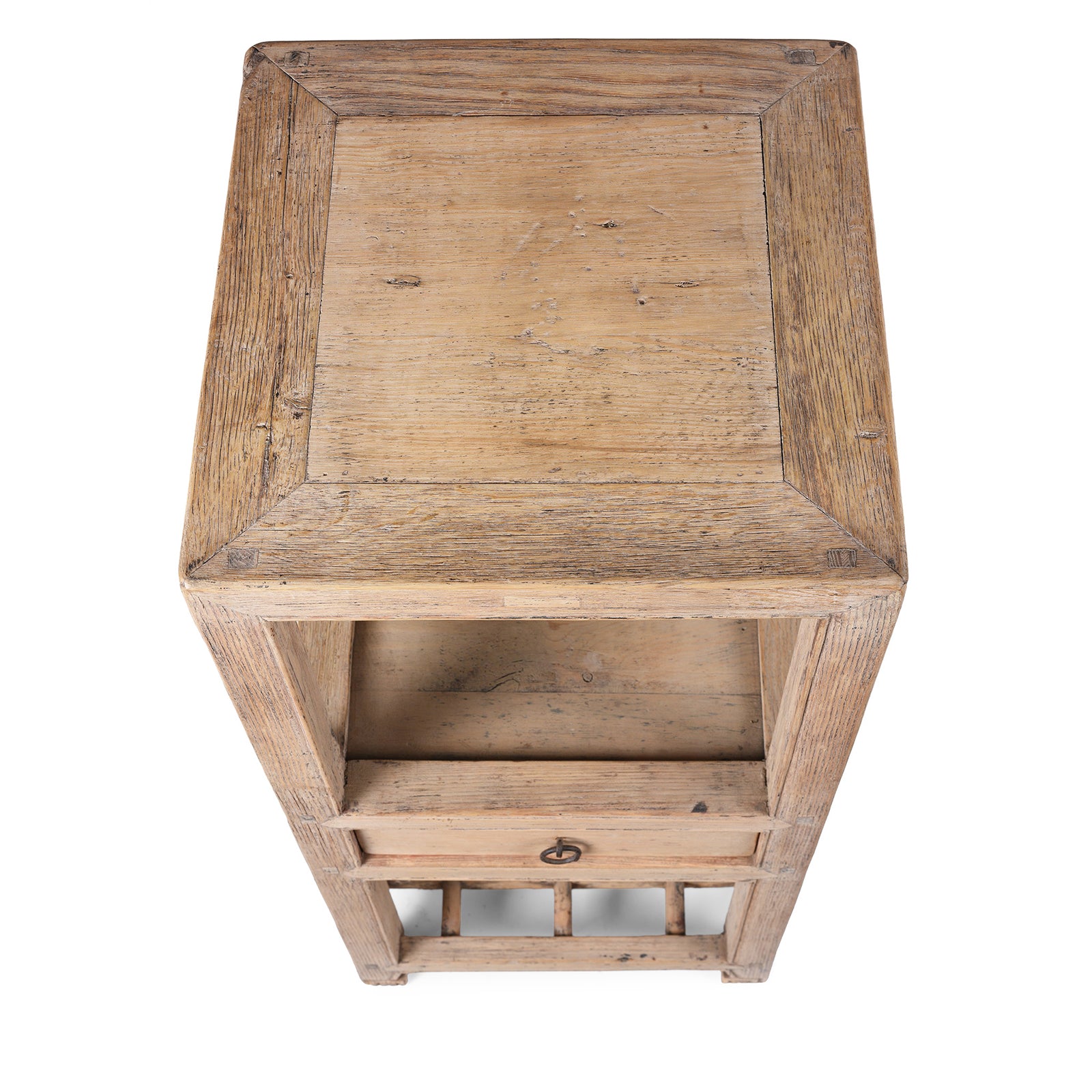 Top Down View Of Antique Pine Flower Stand From Tianjin With Drawer And Lattice Base