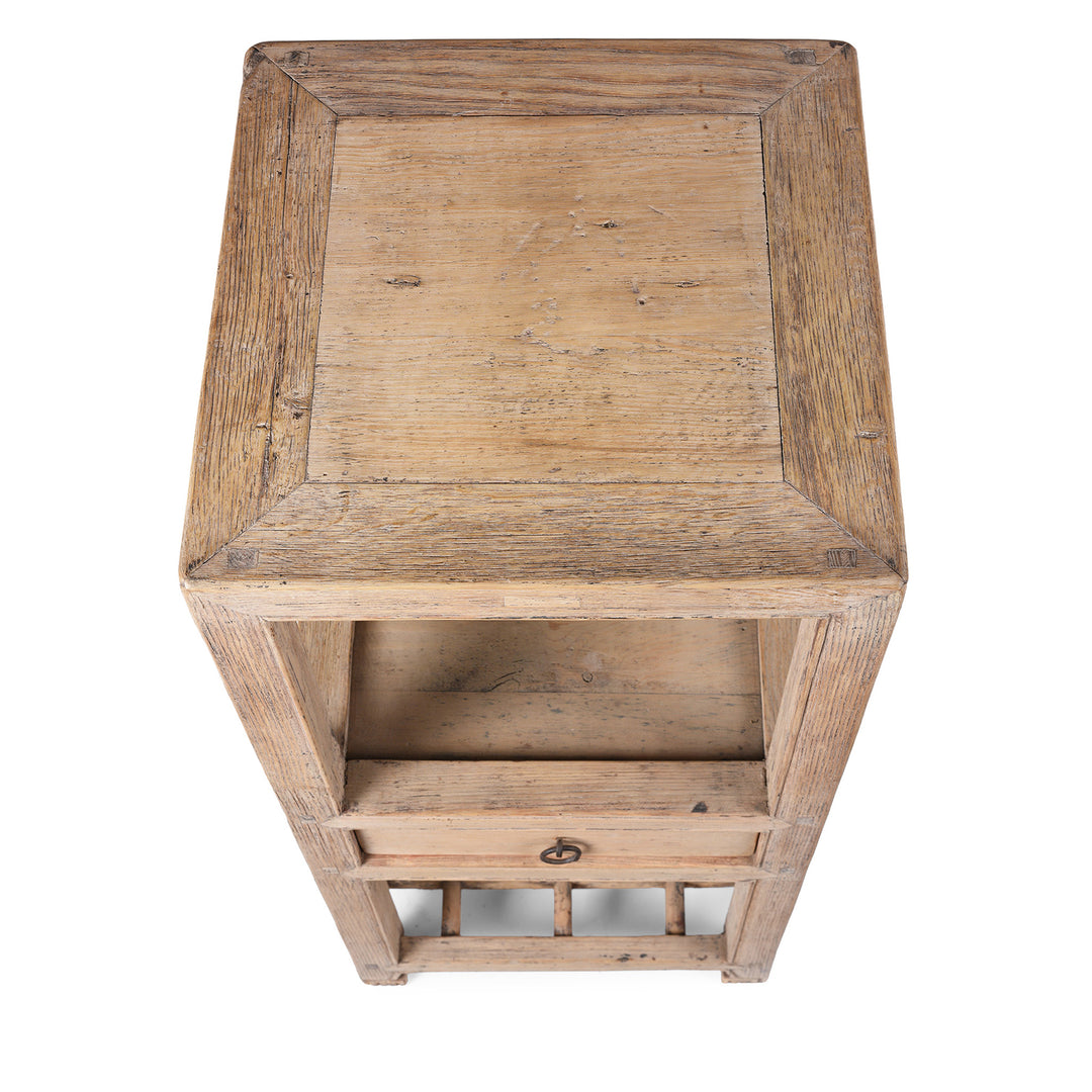 Top Down View Of Antique Pine Flower Stand From Tianjin With Drawer And Lattice Base