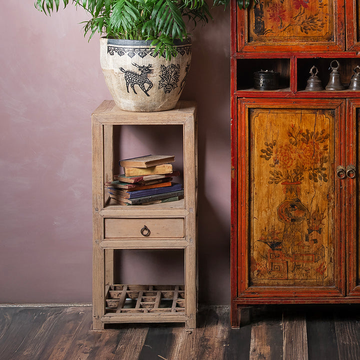 Antique Pine Flower Stand From Tianjin With Drawer And 