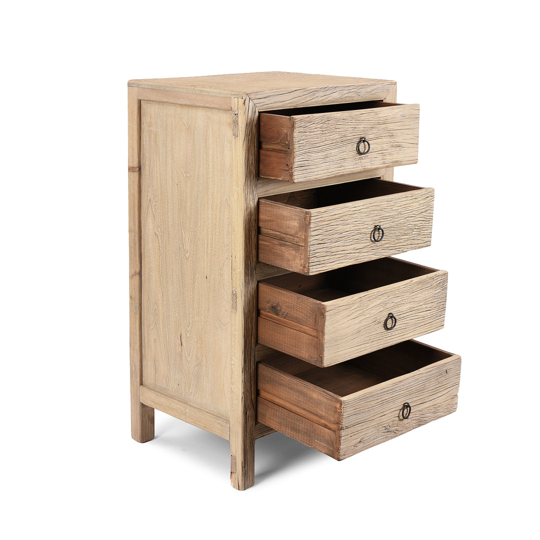 Angled View Of Open Drawers From Chinese Old Elm Wood Chest Of Drawers With Four Front-Facing Drawers And Rustic Ring Pull Handles