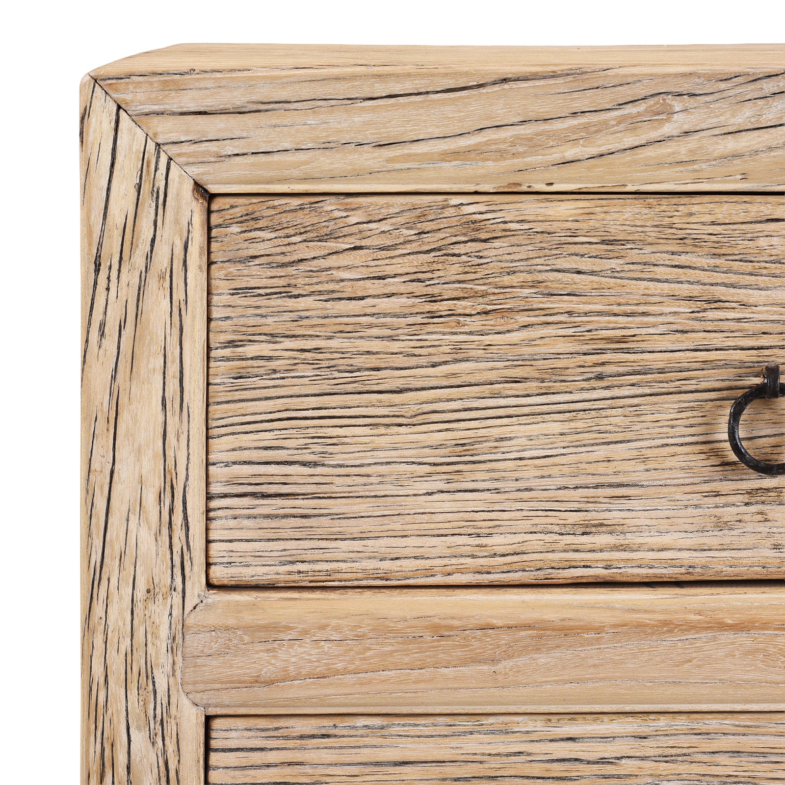 Corner Detail Showing Wood Grain From Chinese Old Elm Wood Chest Of Drawers With Four Front-Facing Drawers And Rustic Ring Pull Handles