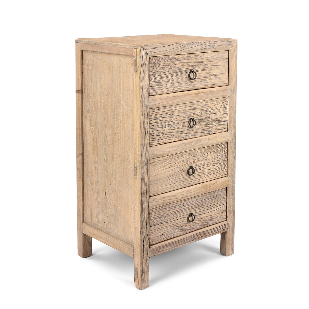 Angled View Of Chinese Old Elm Wood Chest Of Drawers With Four Front-Facing Drawers And Rustic Ring Pull Handles