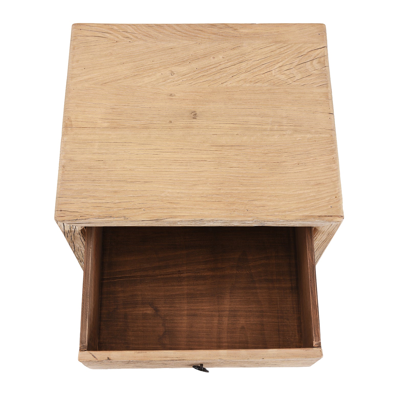 Top Down View Of Chinese Old Elm Wood Chest Of Drawers With Four Front-Facing Drawers And Rustic Ring Pull Handles