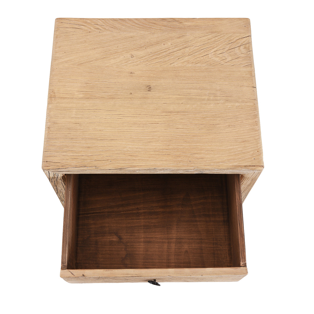 Top Down View Of Chinese Old Elm Wood Chest Of Drawers With Four Front-Facing Drawers And Rustic Ring Pull Handles