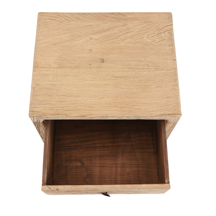 Top Down View Of Chinese Old Elm Wood Chest Of Drawers With Four Front-Facing Drawers And Rustic Ring Pull Handles