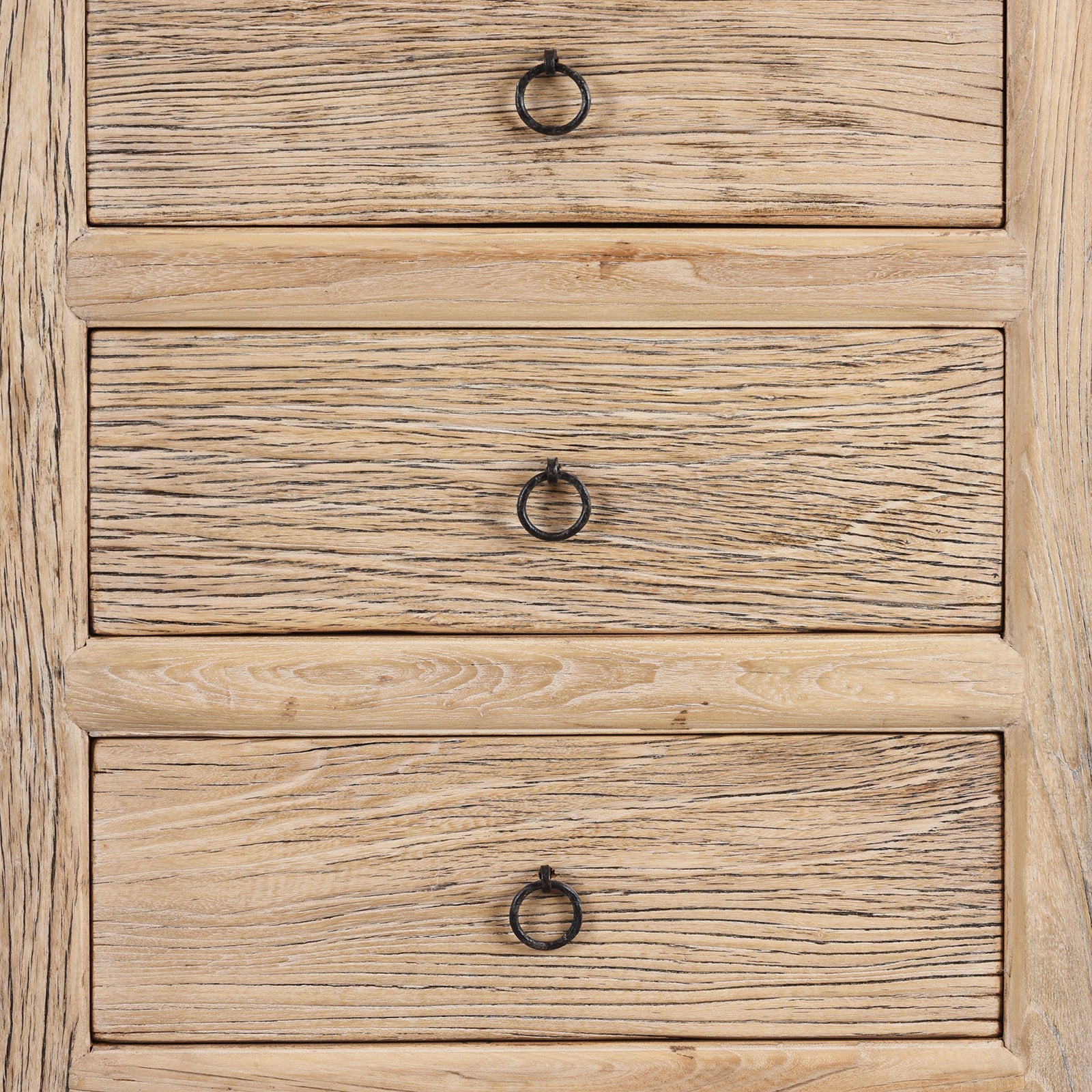 Front Drawer Detail From Chinese Old Elm Wood Chest Of Drawers With Four Front-Facing Drawers And Rustic Ring Pull Handles