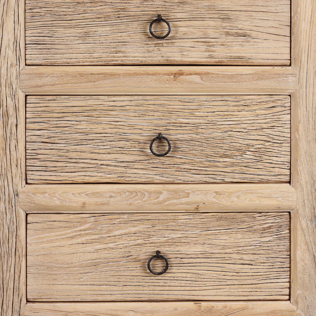Front Drawer Detail From Chinese Old Elm Wood Chest Of Drawers With Four Front-Facing Drawers And Rustic Ring Pull Handles