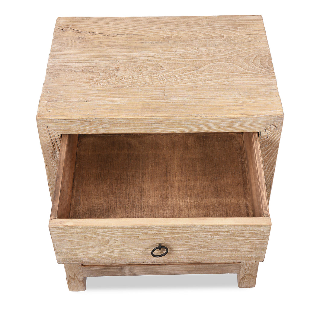 Top Down And Drawer Interior View Of 3 Drawer Bedside Cabinet Made From Old Sunbleached Elm | Indigo Antiques