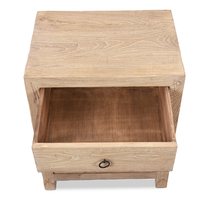 Top Down And Drawer Interior View Of 3 Drawer Bedside Cabinet Made From Old Sunbleached Elm | Indigo Antiques