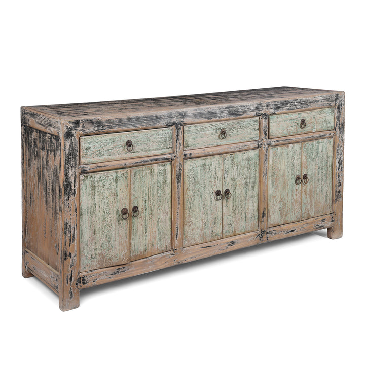 Angled View Of Chinese Reclaimed Pine Sideboard With Distressed Green And Black Painted Finish And Three Doors | Indigo Antiques