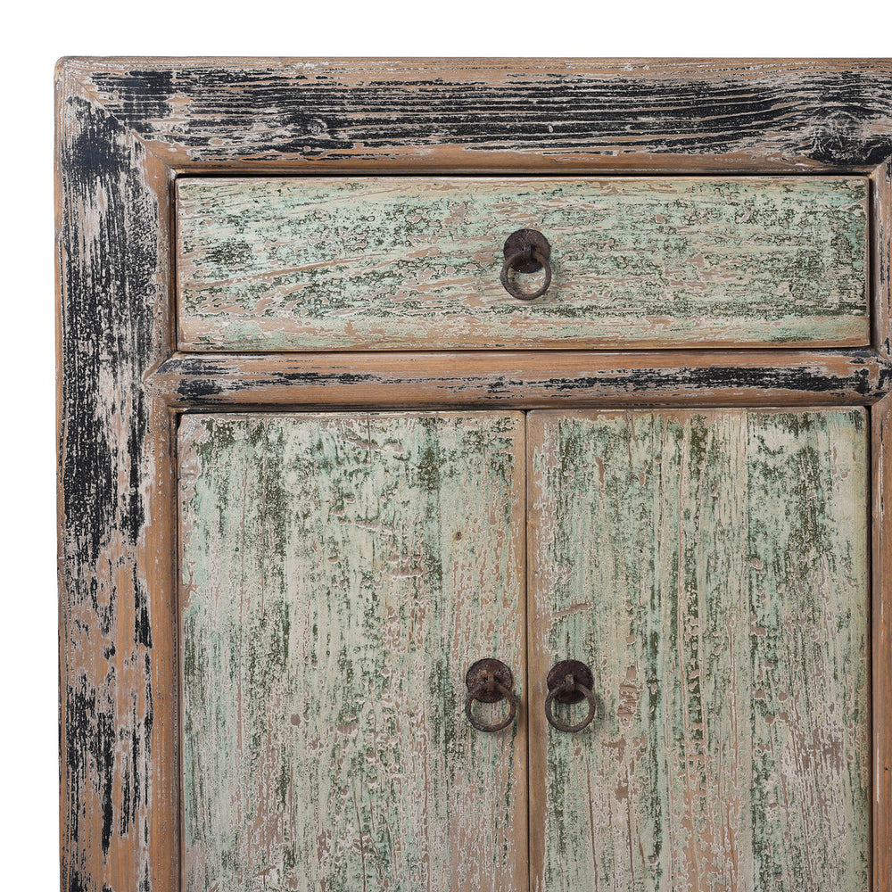 Corner Detail From Chinese Reclaimed Pine Sideboard With Distressed Green And Black Painted Finish And Three Doors | Indigo Antiques