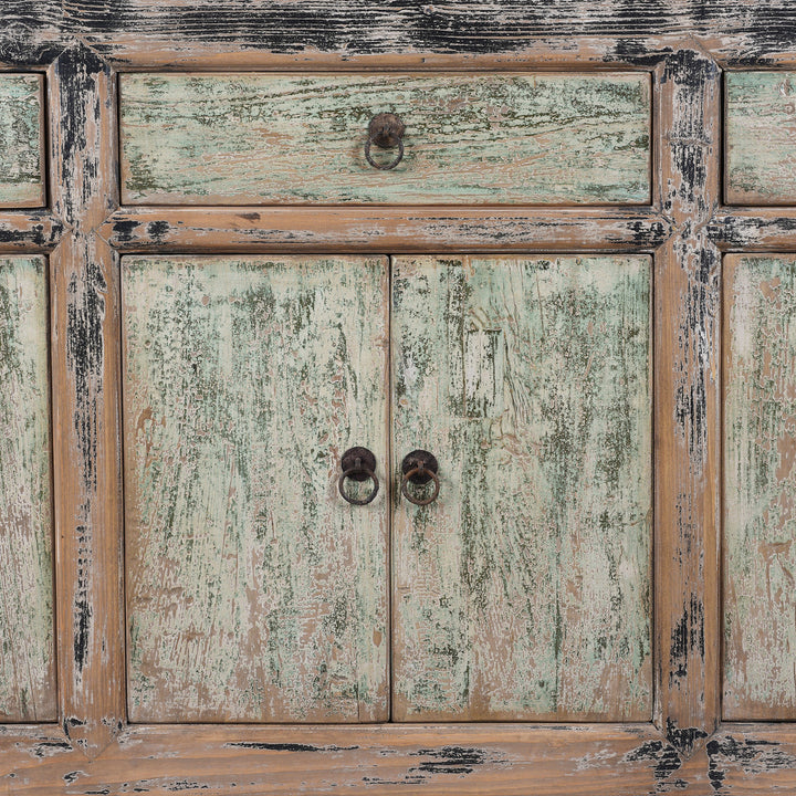 Doors Detail From Chinese Reclaimed Pine Sideboard With Distressed Green And Black Painted Finish And Three Doors | Indigo Antiques