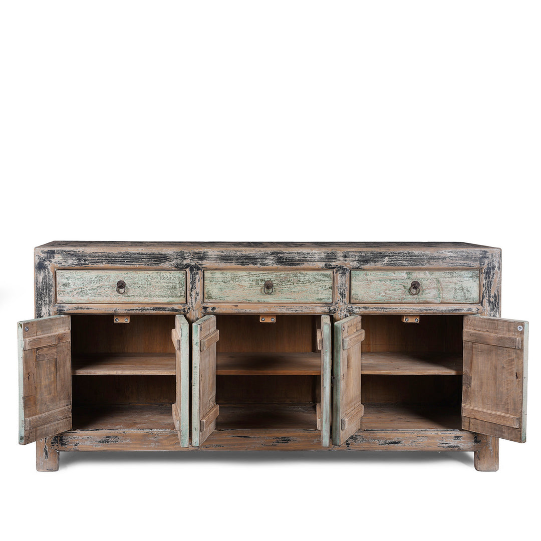 Interior Of Chinese Reclaimed Pine Sideboard With Distressed Green And Black Painted Finish And Three Doors | Indigo Antiques