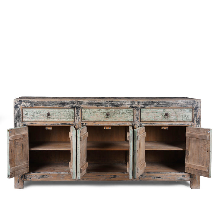 Interior Of Chinese Reclaimed Pine Sideboard With Distressed Green And Black Painted Finish And Three Doors | Indigo Antiques
