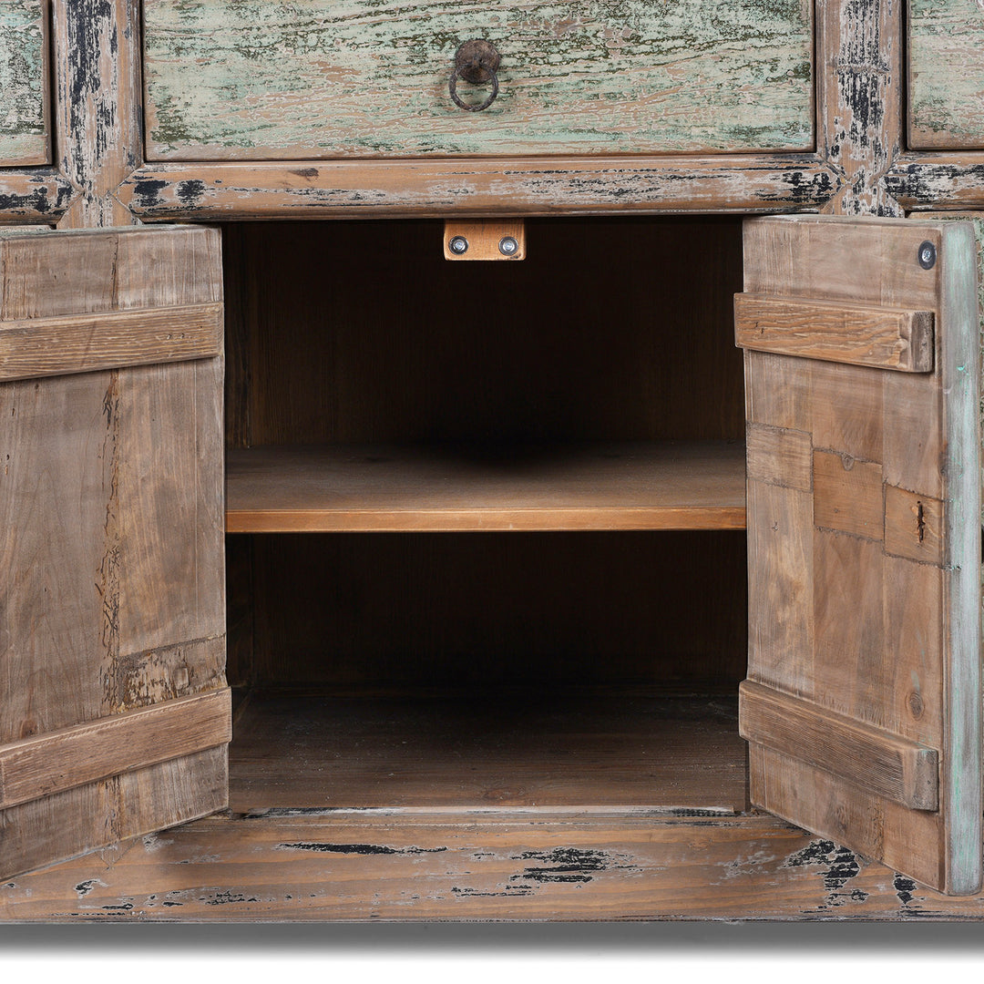 Interior Detail From Chinese Reclaimed Pine Sideboard With Distressed Green And Black Painted Finish And Three Doors | Indigo Antiques