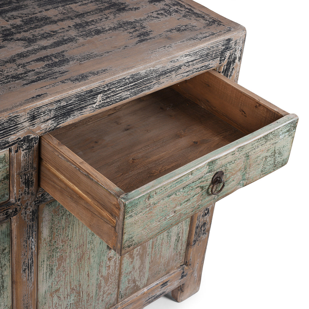 Drawer Detail From Chinese Reclaimed Pine Sideboard With Distressed Green And Black Painted Finish And Three Doors | Indigo Antiques