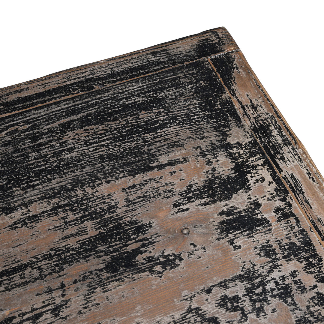 Surface Detail From Chinese Reclaimed Pine Sideboard With Distressed Green And Black Painted Finish And Three Doors | Indigo Antiques
