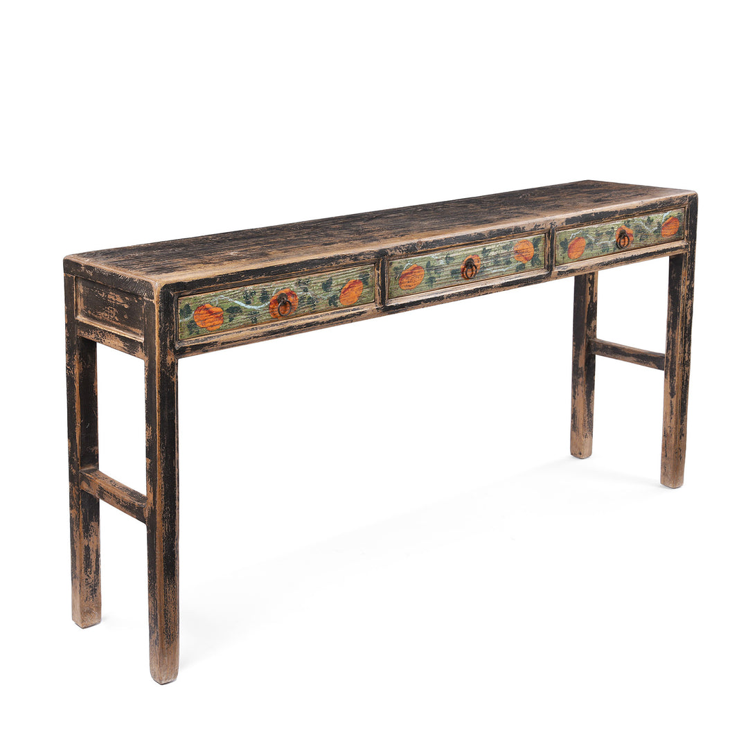 Angled View Of Painted Chinese Three Drawer Console Table Made From Old Wood | Indigo Antiques