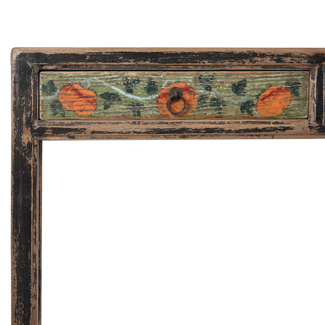 Corner Detail Showing Paintwork On Painted Chinese Three Drawer Console Table Made From Old Wood | Indigo Antiques