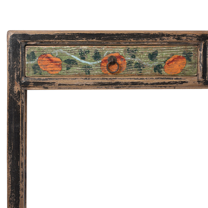 Corner Detail Showing Paintwork On Painted Chinese Three Drawer Console Table Made From Old Wood | Indigo Antiques