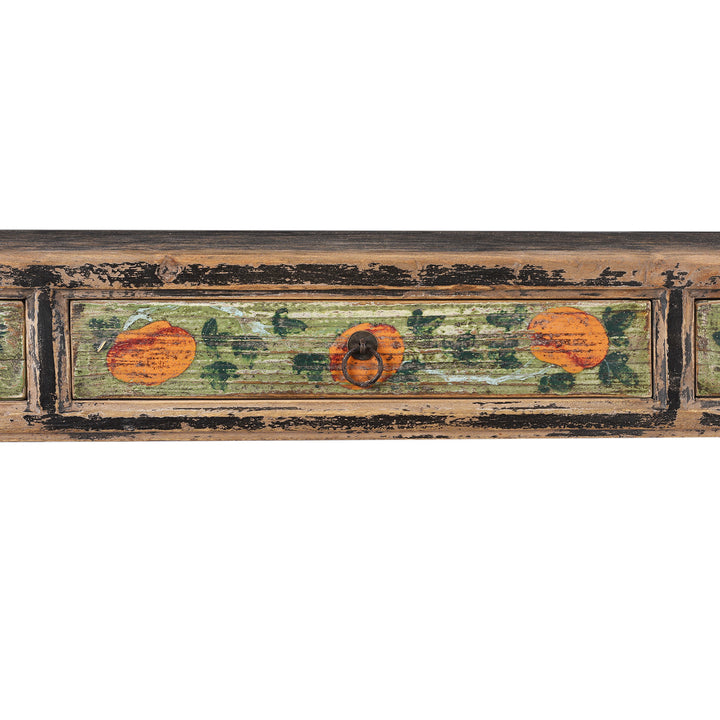 Drawer Artwork Detail From Painted Chinese Three Drawer Console Table Made From Old Wood | Indigo Antiques