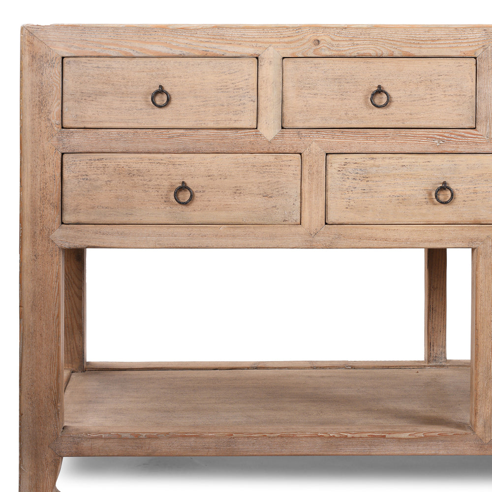 Corner Detail From Long Chinese Console Table With Eleven Drawers And Open Shelf Made From Lightly Weathered Old Pine Wood