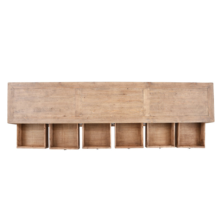 Top Down View Of Long Chinese Console Table With Eleven Drawers And Open Shelf Made From Lightly Weathered Old Pine Wood