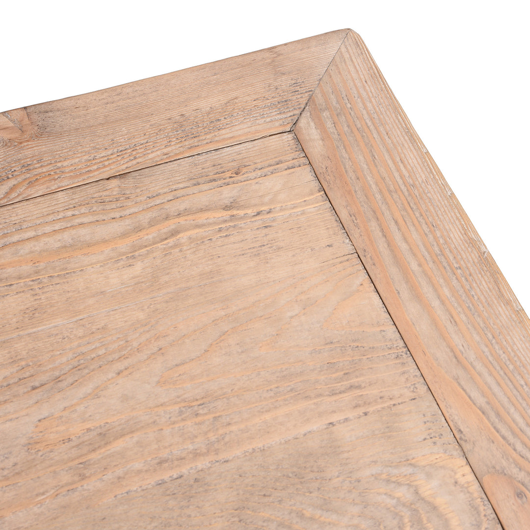 Surface Detail From Long Chinese Console Table With Eleven Drawers And Open Shelf Made From Lightly Weathered Old Pine Wood