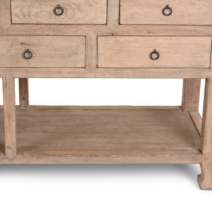 Shelf Detail From Long Chinese Console Table With Eleven Drawers And Open Shelf Made From Lightly Weathered Old Pine Wood
