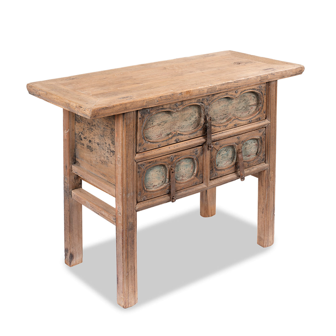 Angled View Of Antique Carved Elm Coffer Table From Shanxi  | Indigo Antiques