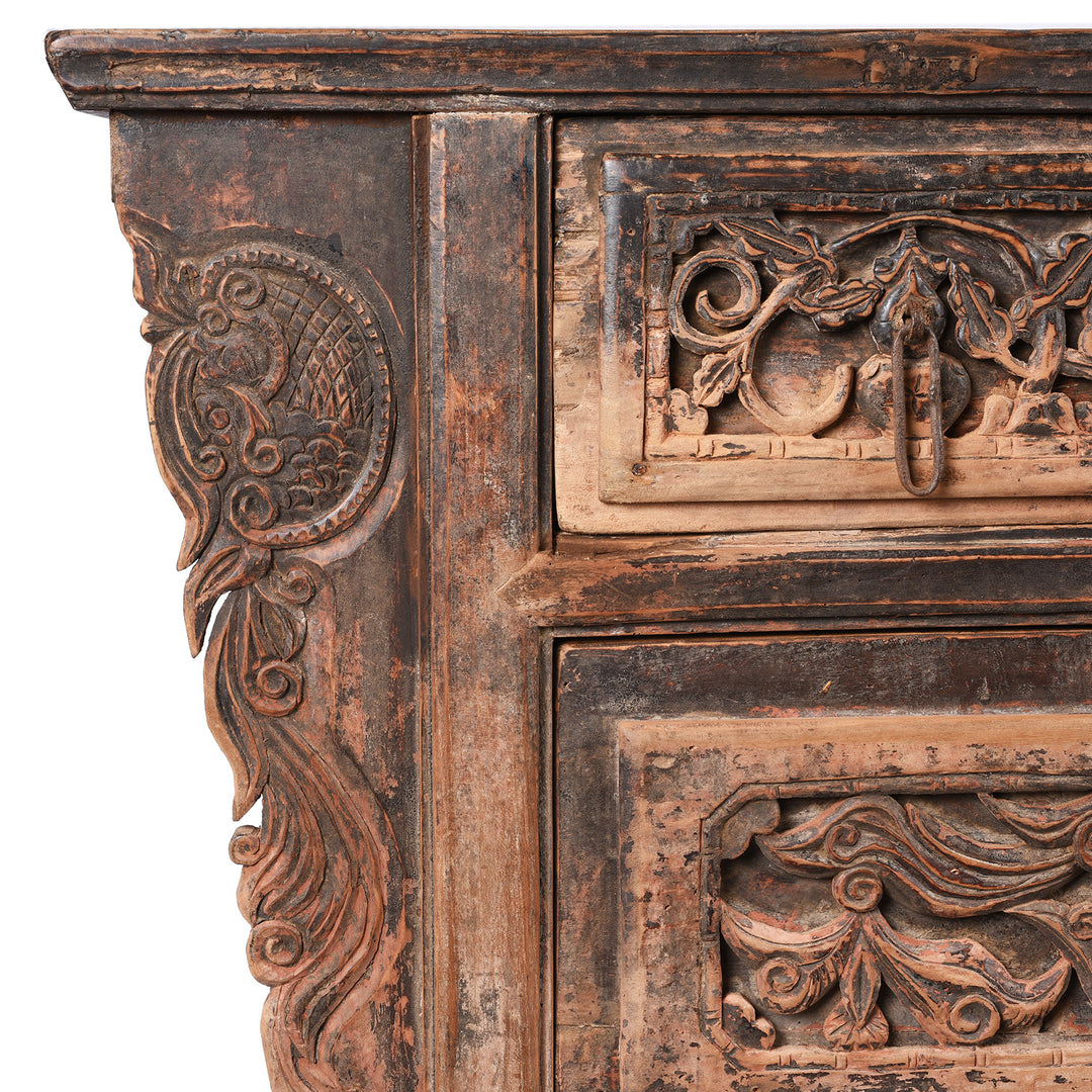 Corner Detail Displaying Carving From Antique Chinese Carved Coffer Table From Shanxi | Indigo Antiques