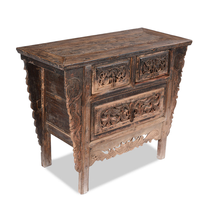 Angled View of Antique Chinese Carved Coffer Table From Shanxi | Indigo Antiques