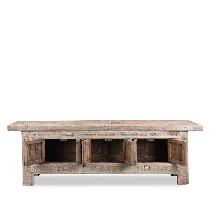 Open Doors View Of Antique Chinese Carved Low Sideboard From Xinjiang | Indigo Antiques