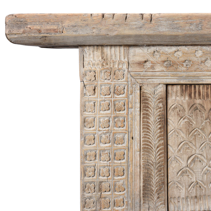 Corner Detail Showing Side Carvings On Antique Chinese Carved Low Sideboard From Xinjiang | Indigo Antiques