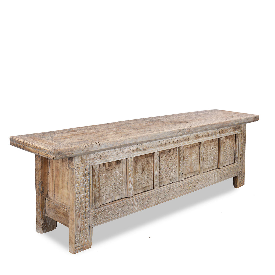 Angled View Of Antique Chinese Carved Low Sideboard From Xinjiang | Indigo Antiques