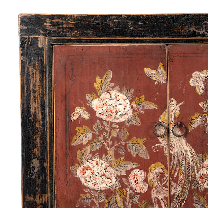 Corner Detail Showing Frame And Floral Painting From  Antique Red & Black Painted Sideboard From Shanxi  | Indigo Antiques