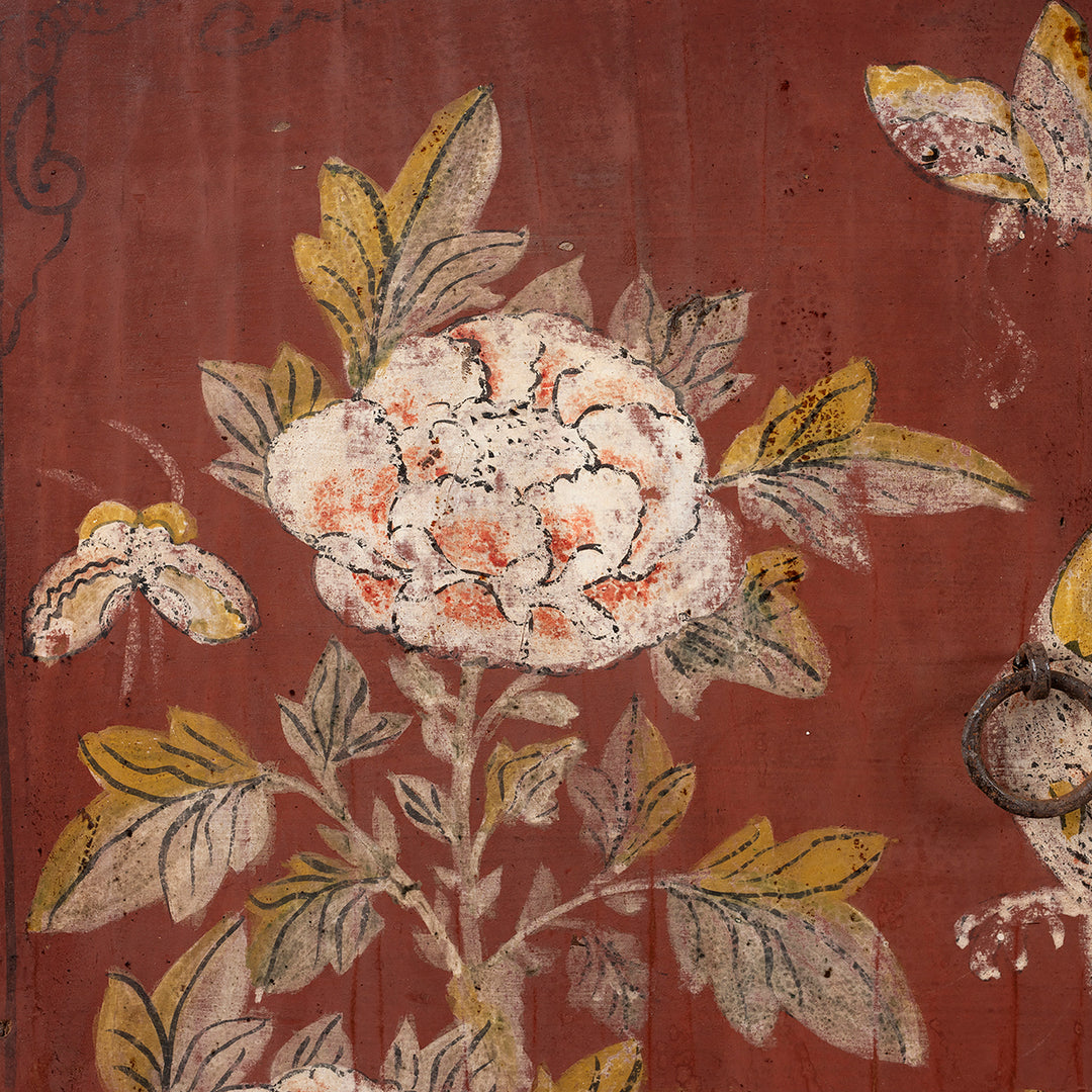 Floral Detail From Painted Doors On Antique Red & Black Painted Sideboard From Shanxi  | Indigo Antiques 
