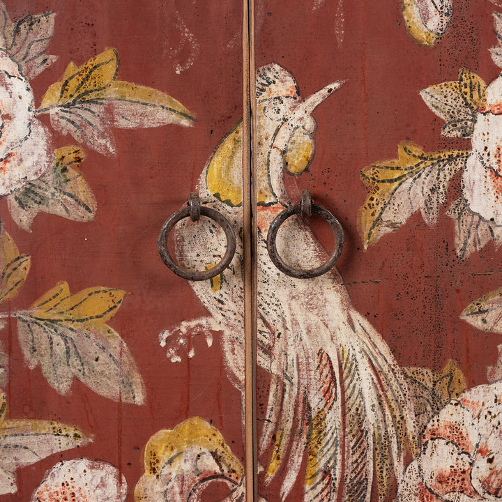 Wildfowl Detail From Painted Doors On Antique Red & Black Painted Sideboard From Shanxi  | Indigo Antiques