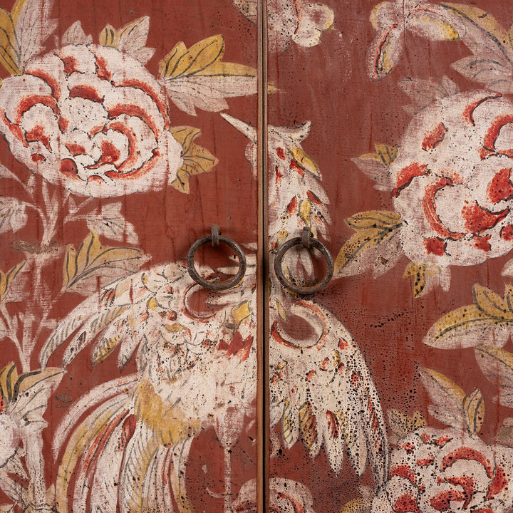 Wildfowl Detail From Painted Doors On Antique Red & Black Painted Sideboard From Shanxi  | Indigo Antiques