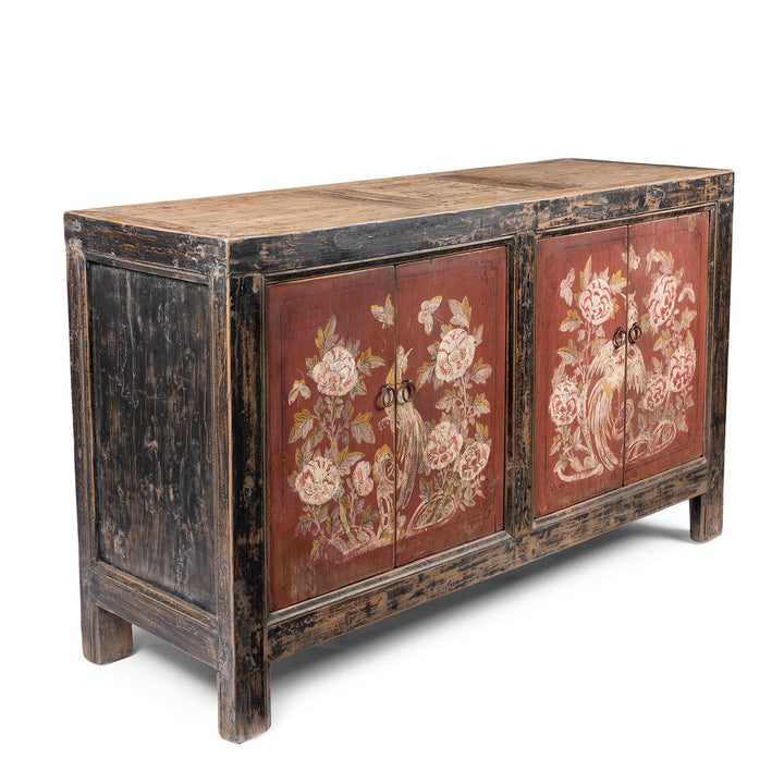 Angled View Of Antique Red & Black Painted Sideboard From Shanxi  | Indigo Antiques
