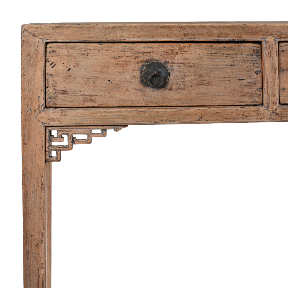 Corner Detail From Antique Chinese 19th Century Bleached Poplar Console Table With Three Drawers From Shanxi