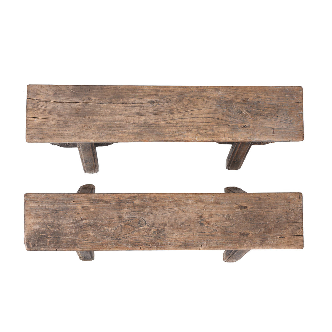 Top Down View Of 19th Century Elm Spring Bench From Shanxi With Hand Carved Cloud Motifs And Splayed Legs | Indigo Antiques