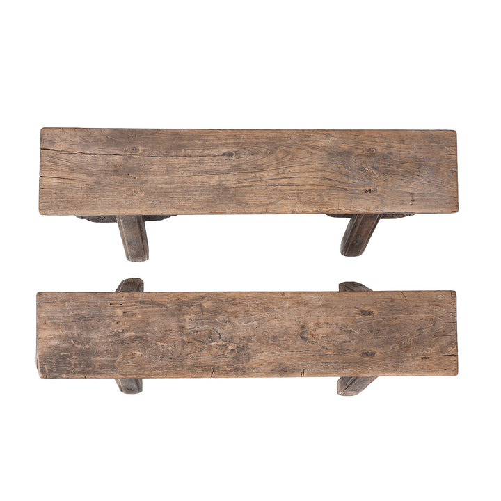 Top Down View Of 19th Century Elm Spring Bench From Shanxi With Hand Carved Cloud Motifs And Splayed Legs | Indigo Antiques