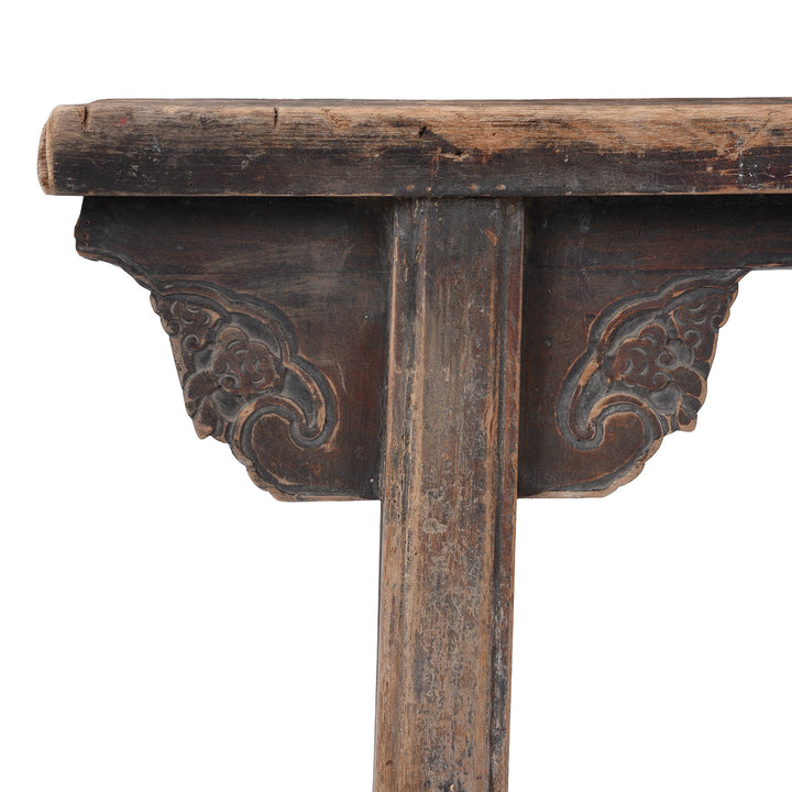 Carving Detail From 19th Century Elm Spring Bench From Shanxi With Hand Carved Cloud Motifs And Splayed Legs | Indigo Antiques