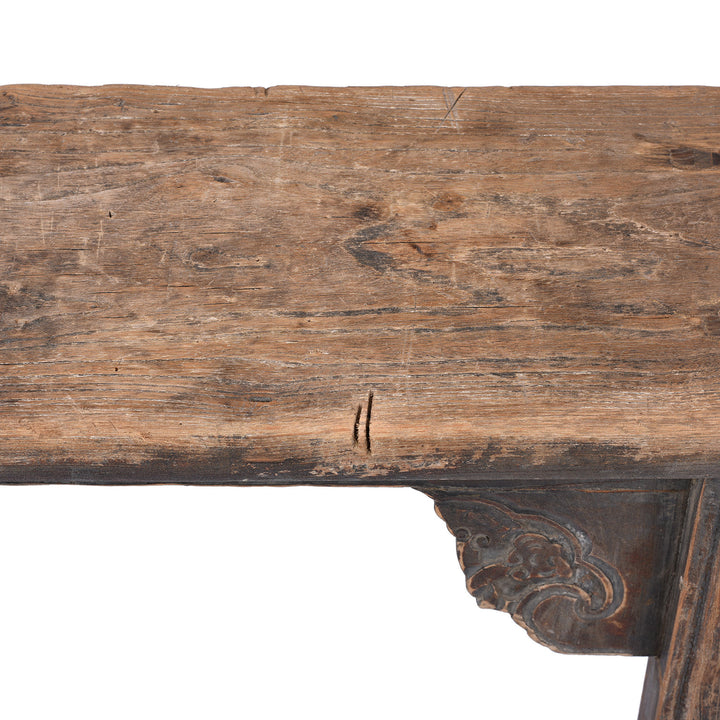 Detail From 19th Century Elm Spring Bench From Shanxi With Hand Carved Cloud Motifs And Splayed Legs | Indigo Antiques