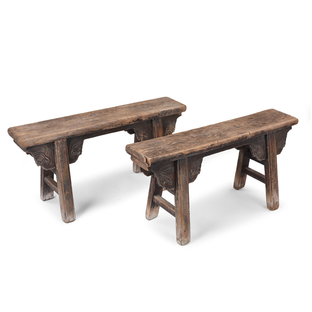 Pair Of 19th Century Elm Spring Bench From Shanxi With Hand Carved Cloud Motifs And Splayed Legs | Indigo Antiques