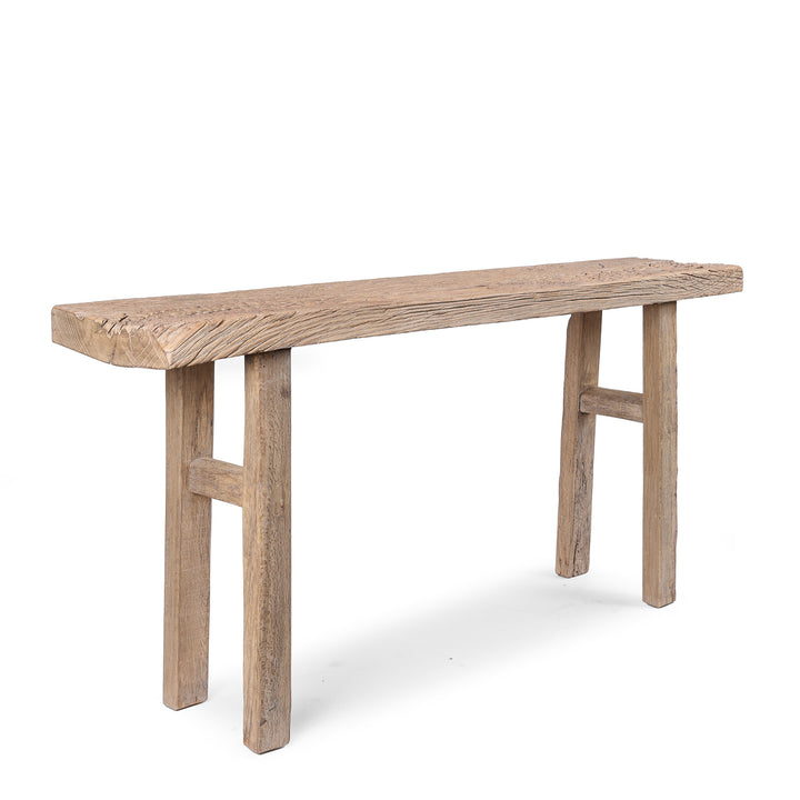 Angled VIew Of Farmhouse Console Table Made From Elm Wood | Indigo Antiques