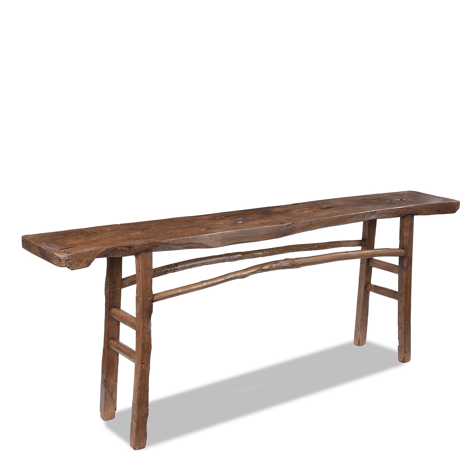 Angled VIew Of Old Chinese Elm Farmhouse Console Table | Indigo Antiques