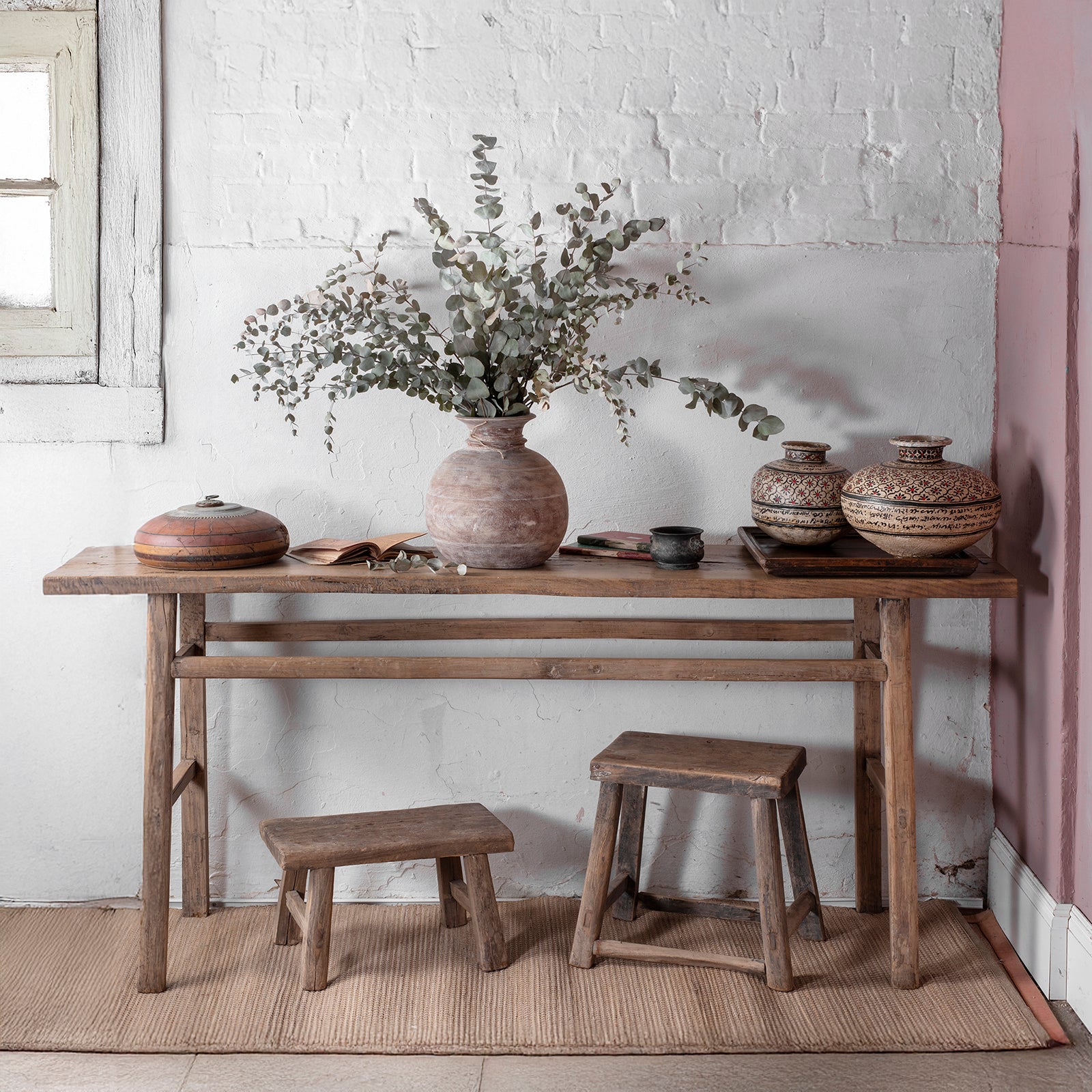 Bleached Elm Farmhouse Console Table - Late 19th Century